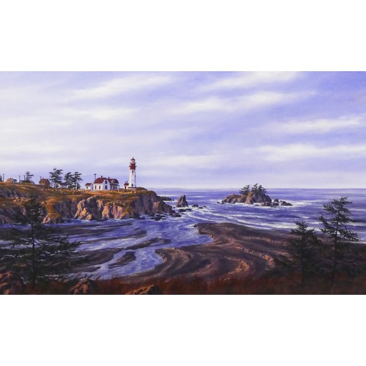 Randy VanBeek (b.1958, Washington) 'Heceta Head Light Station, Oregon Coast' Oil on Board Painting. 1985. Framed. Image measures 12x19''