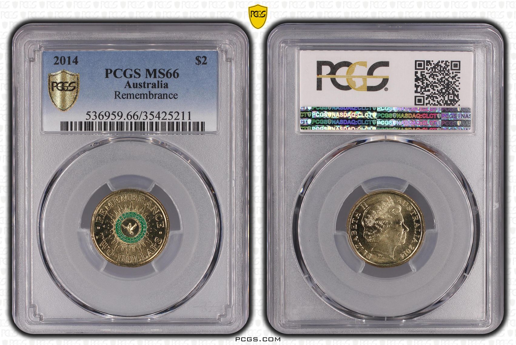Elizabeth II, Remembrance Green Dove, Two Dollar, 2014, PCGS MS 66