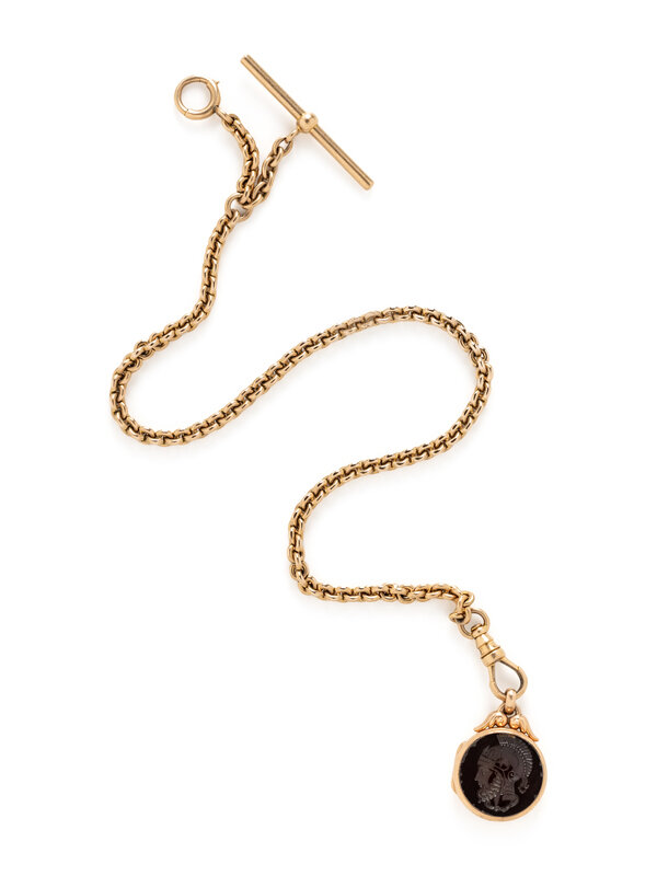 YELLOW GOLD WATCH CHAIN WITH CARNELIAN INTAGLIO AND BLOODSTONE FOB LOCKET