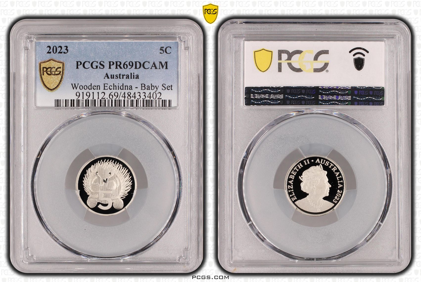 Elizabeth II, Wooden Echidna - Baby Set, Five Cent, 2023, PCGS PR69DCAM