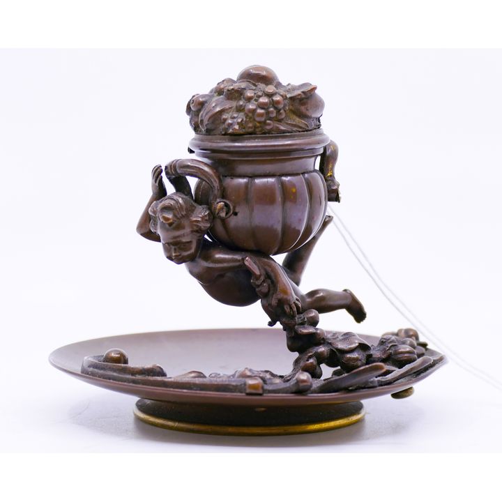 Antique European Bronze Putto Figural Inkwell 4''