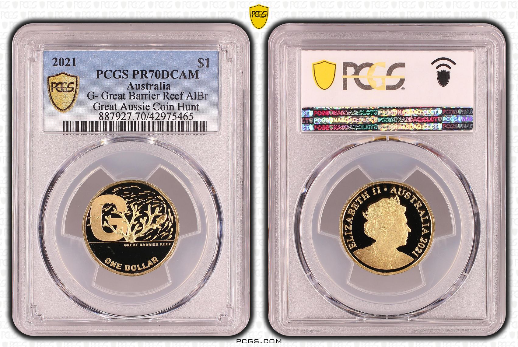 Elizabeth II, G- Great Barrier Reef, Great Aussie Coin Hunt, One Dollar, PR70DCAM , 2021 PCGS POP - 1/0
