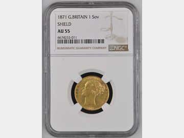 1871 VICTORIA SHIELD GOLD SOVEREIGN AU55