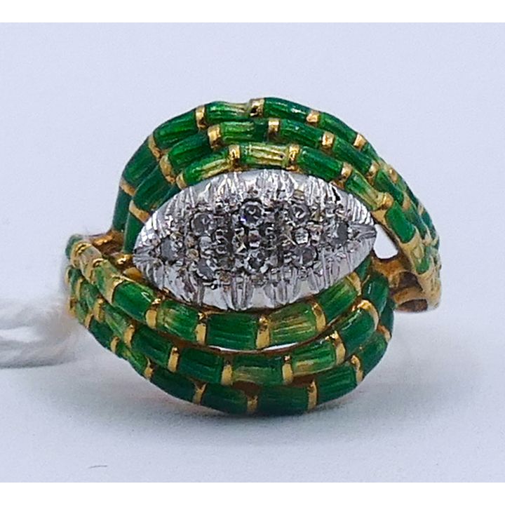 Italian 18k Diamond Green Enamel Ring Size 6.25 - 8 Grams