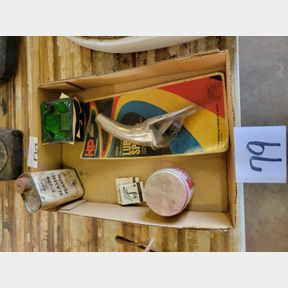 Green ashtrays, vintage oil can funnel and other product container