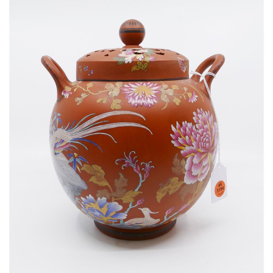 Wedgwood Rosso Antico Enameled Chinoiserie Pattern Potpourri Jar- 10.5"