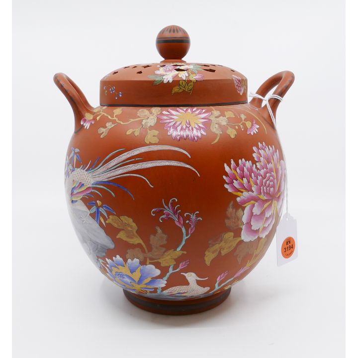 Wedgwood Rosso Antico Enameled Chinoiserie Pattern Potpourri Jar- 10.5"