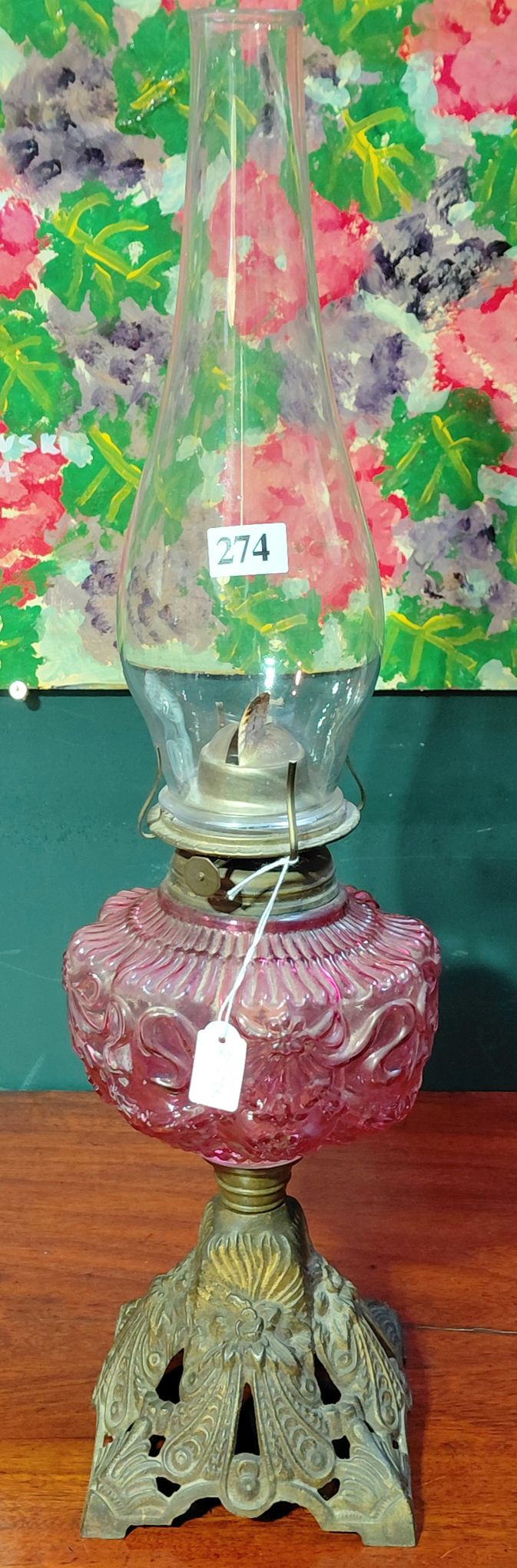 274 · LATE VICTORIAN CRANBERRY GLASS KEROSENE LAMP