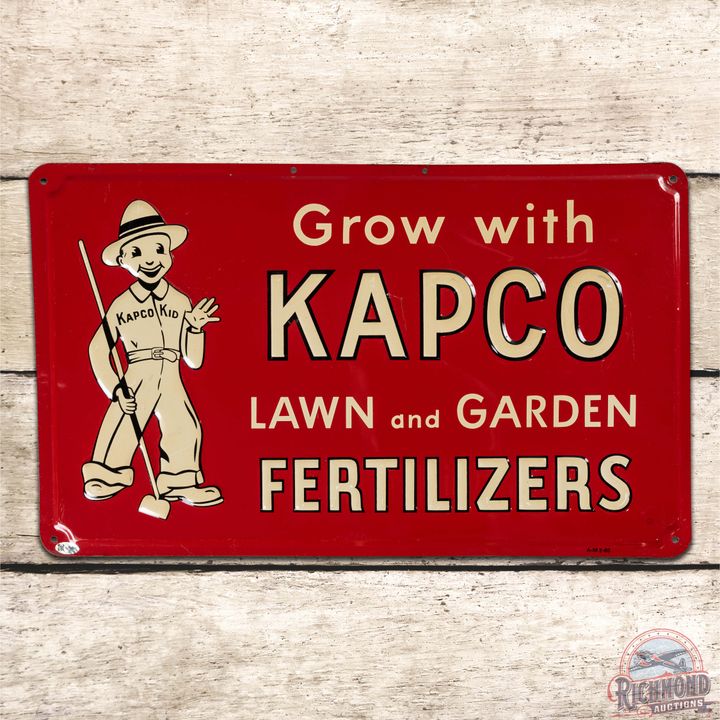 Grow with Kapco Lawn and Garden Fertilizers Emb. Single Sided Tin Sign w/ "Kapco Kid"