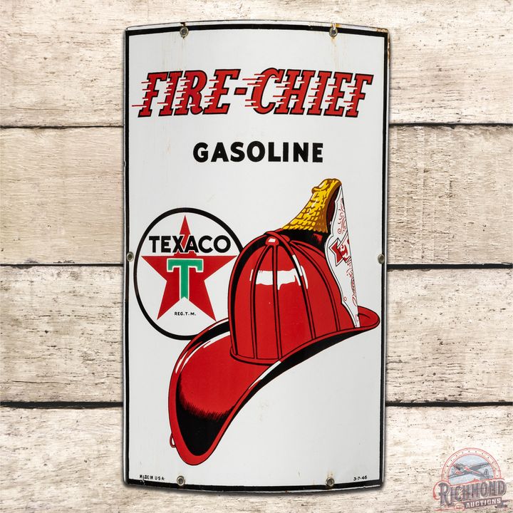 1946 Texaco Fire Chief Curved SSP Pump Plate Sign - 8.5