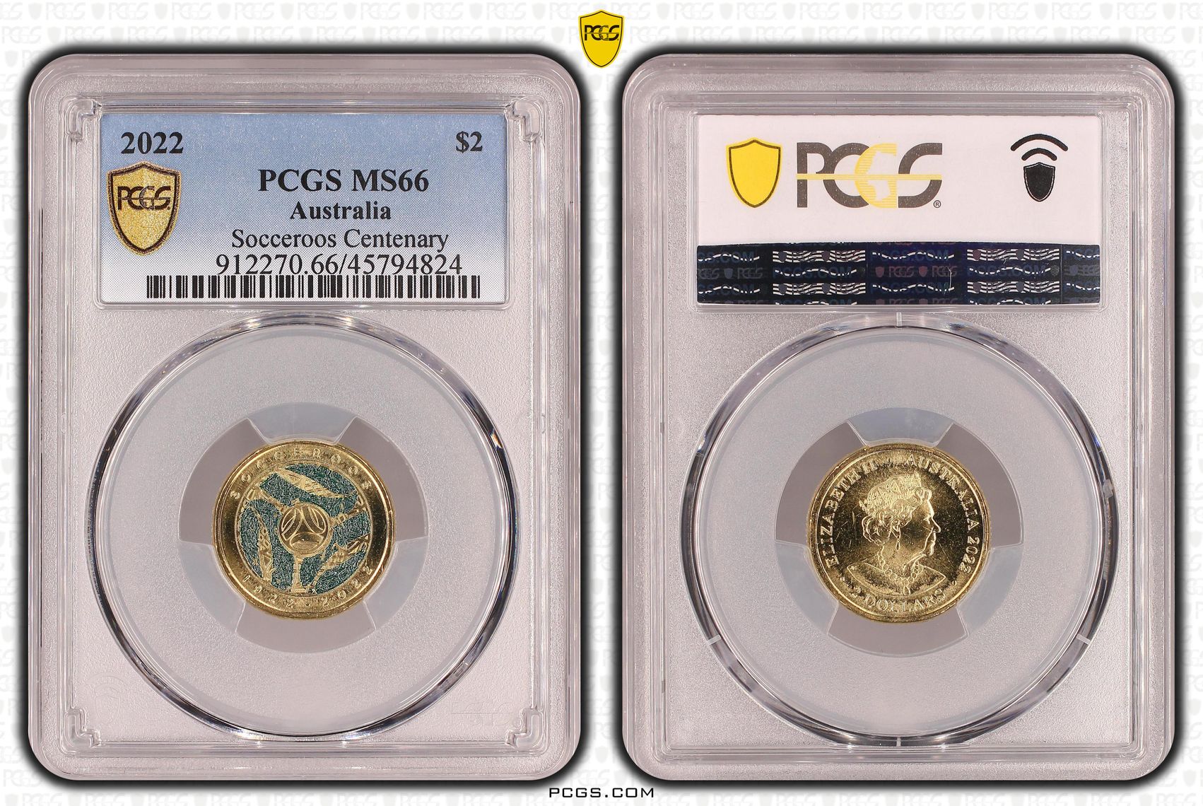 Socceroos Centenary, Two Dollar, 2022, PCGS MS66