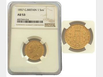 1857 VICTORIA SHEILD SOVEREIGN AU53