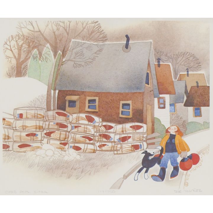Rie Munoz ''Crab Pots, Sitka'' 1985 Signed Print. Framed 14.5'' x 16''