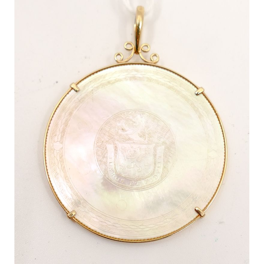 14K & Qianlong Era Mother of Pearl Chinese Gambling Counter Pendant