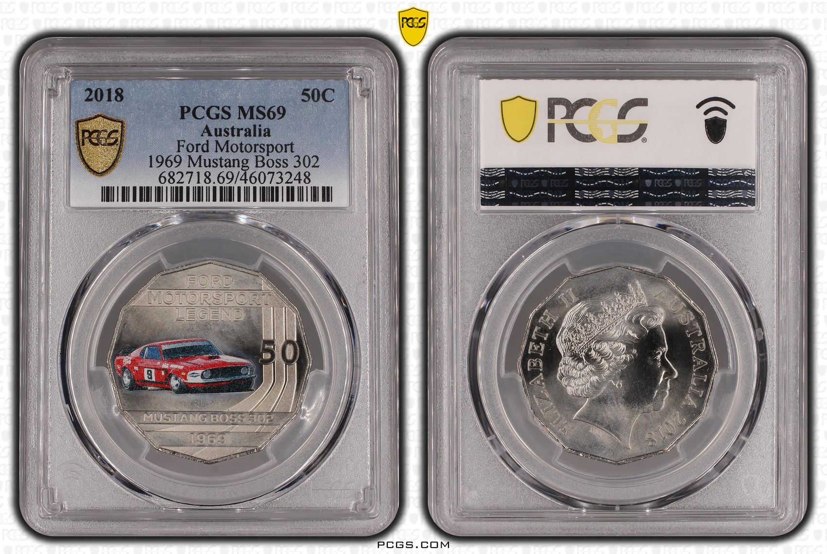 Elizabeth II, Ford Motorsport Mustang Boss, Fifty Cent, 2018, PCGS MS 69