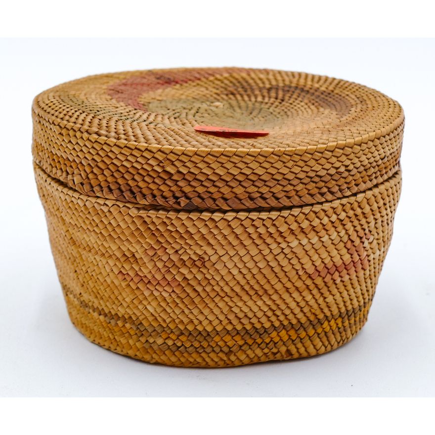 Old Makah Covered Indian Basket with Birds 4''