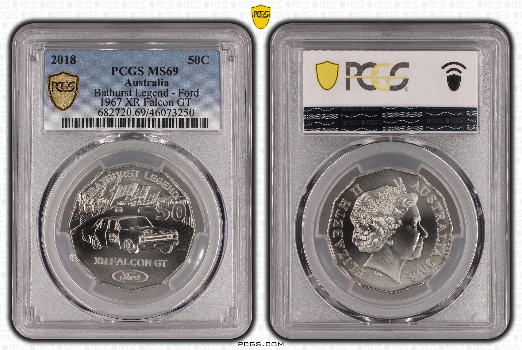 Elizabeth II, Bathurst Legend - Ford XR Falcon GT, Fifty Cent, 2018, PCGS MS 69