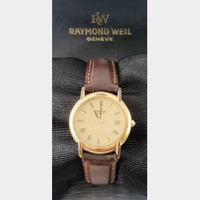 MENS RAYMOND WEIL WATCH - GOLD PLATTED BROWN LEATHER STRAP - 51929/3360