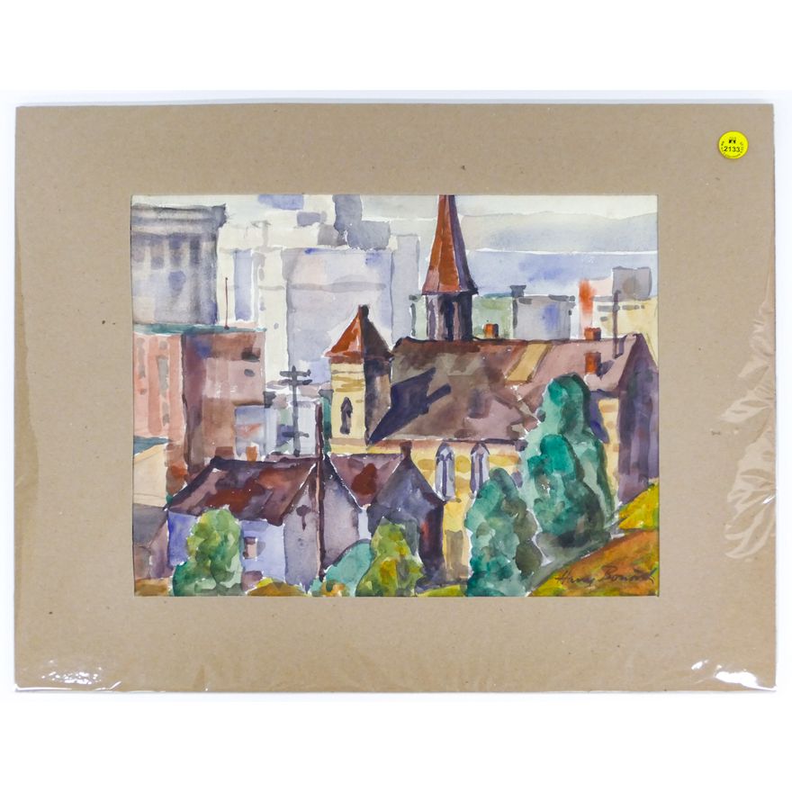 Harry Bonath ''Cityscape'' 1936 Signed Watercolor Matted 16''x20''