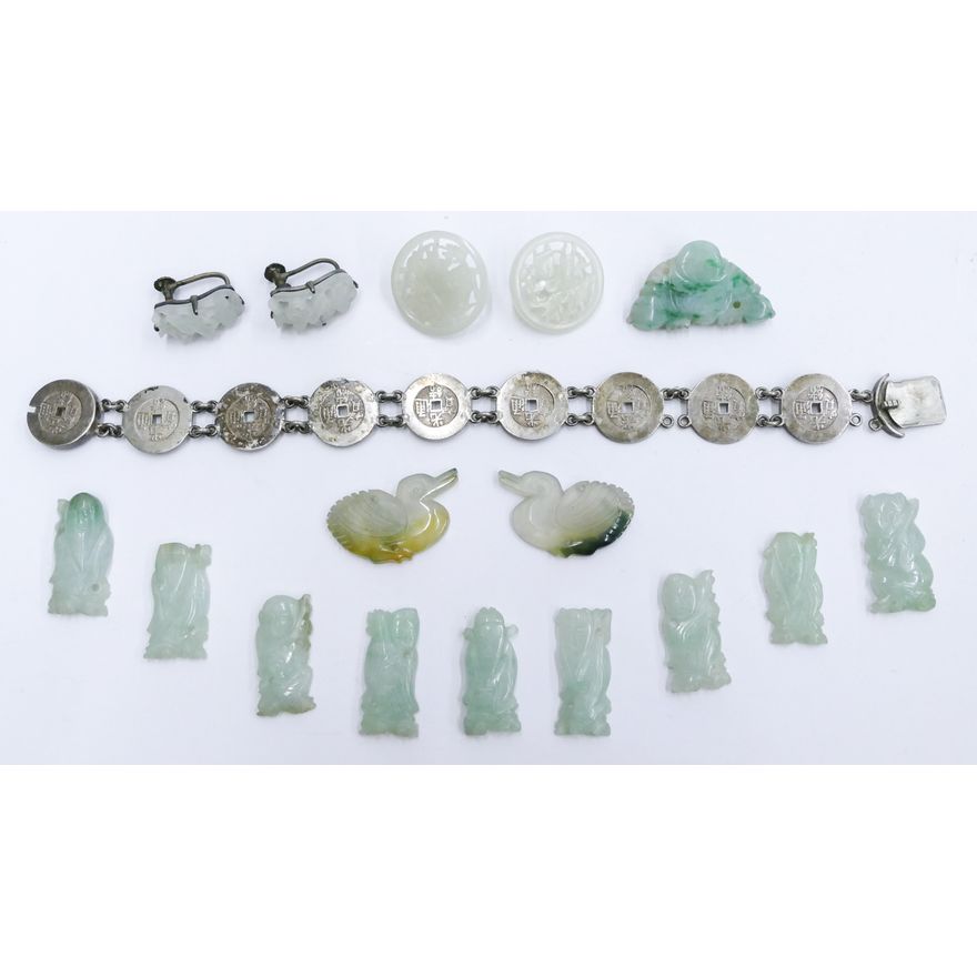 16pc Chinese 1930's Jade and Silver Jewelry