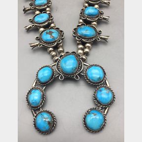 Vintage Sterling Silver and Turquoise Squash Blossom Necklace