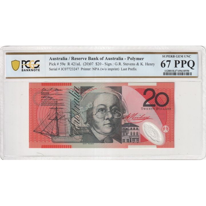 Stevens/Henry, Last Prefix, Twenty Dollar, 2007, PCGS Superb Gem UNC 67 PPQ