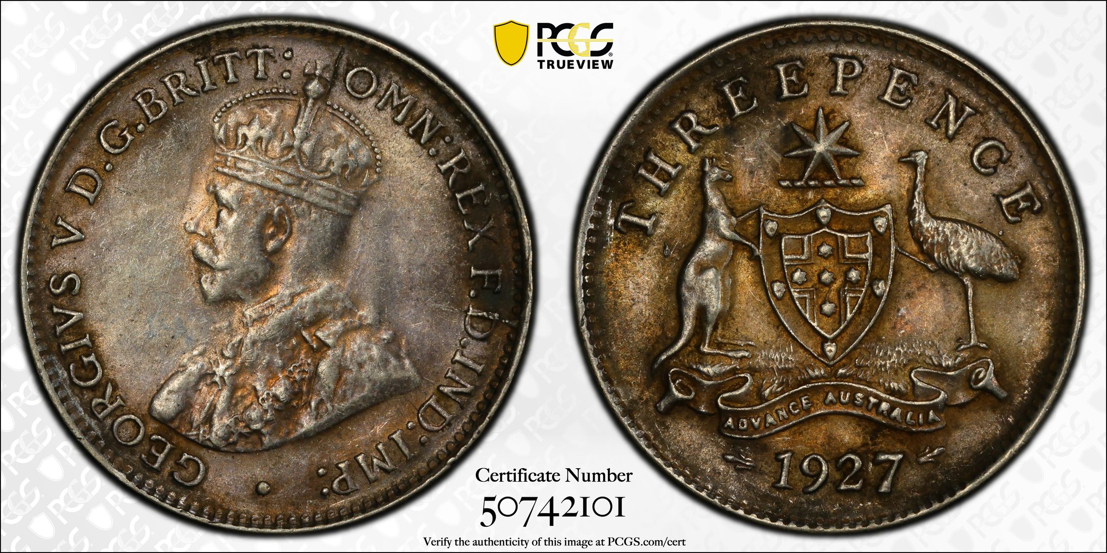 George V, Threepence, 1927(m), PCGS AU58