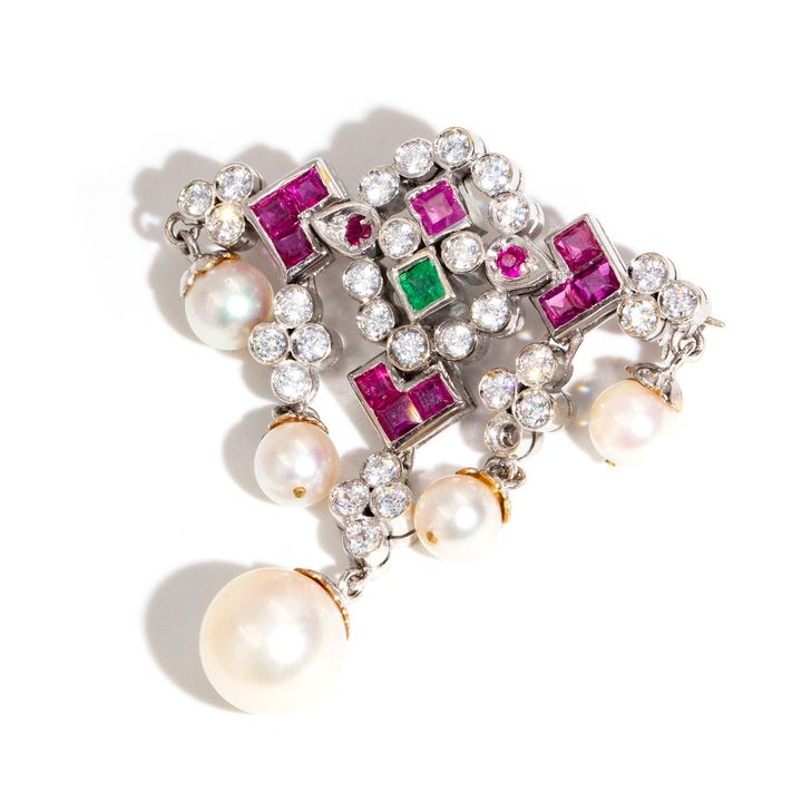 Emerald Ruby & Pearl 18ct Brooch,