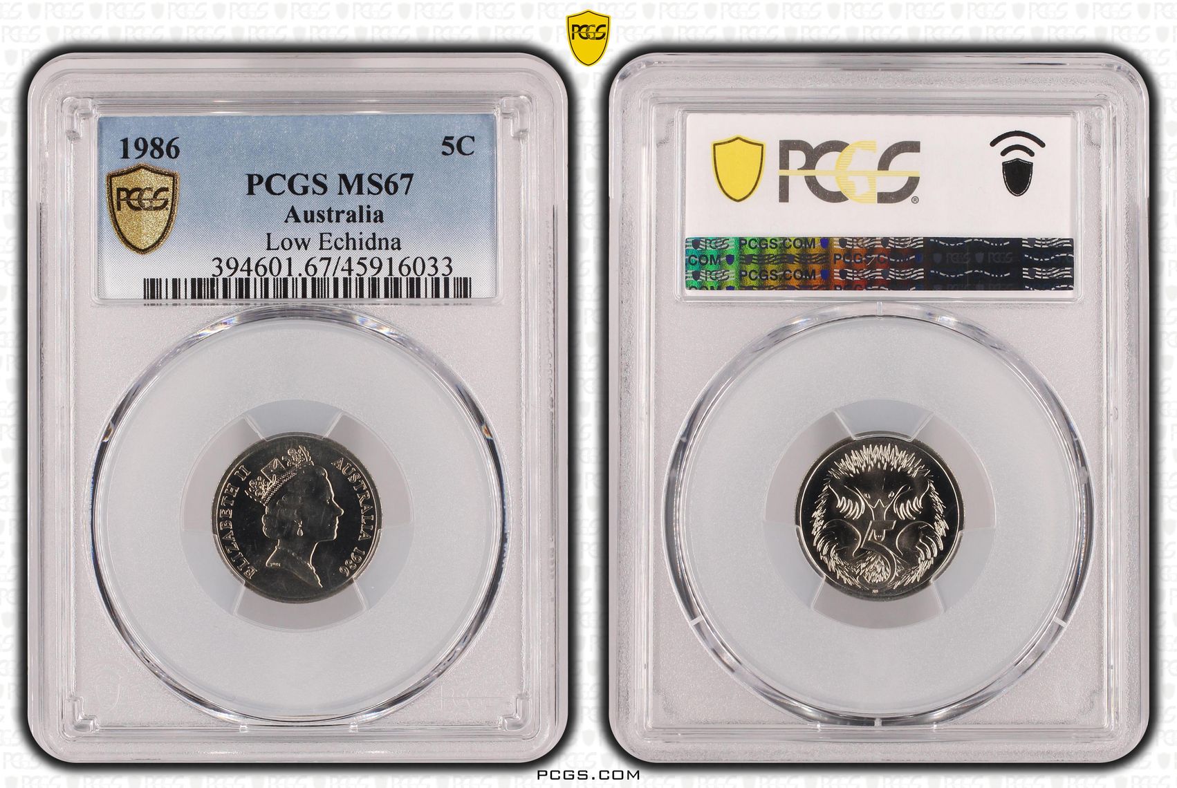 Elizabeth II, Low Echidna, Five Cent, 1986, PCGS MS 67