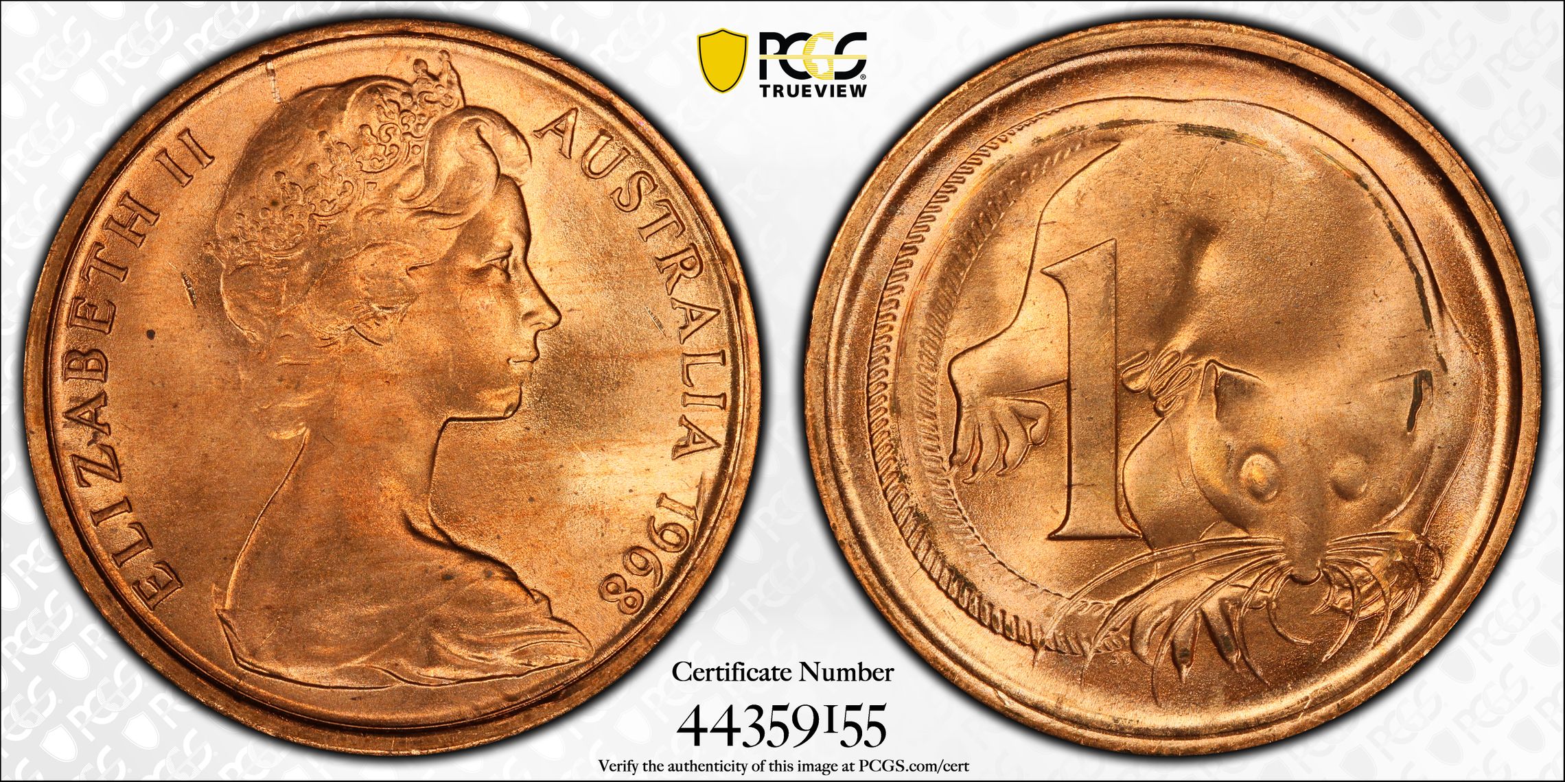 330 · 1968 Australia One Cent, 1c PCGS - Genuine - UNC Details (98 - Damage) -155