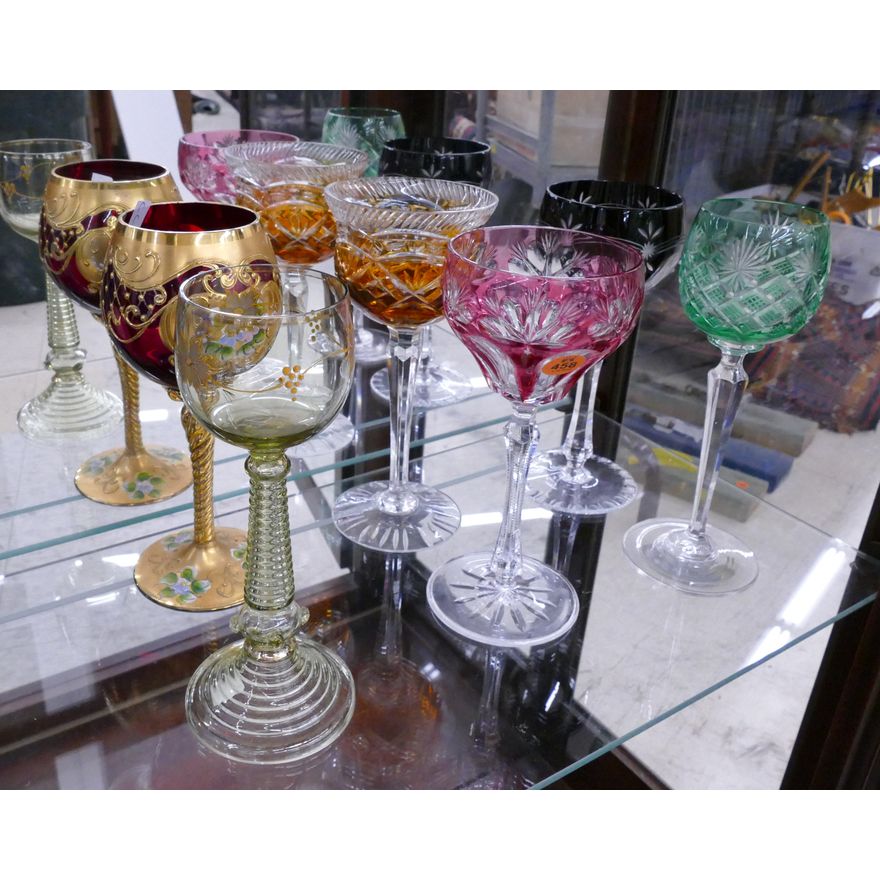 6pc Bohemian Cut and Enameled Glass Stemware- 8'' approx
