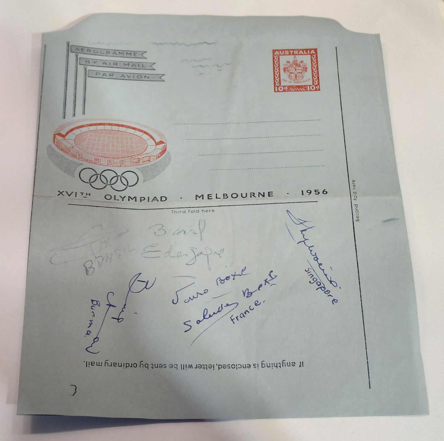 MELBOURNE 1956 OLYMPIAD SIGNED AEROGRAMME