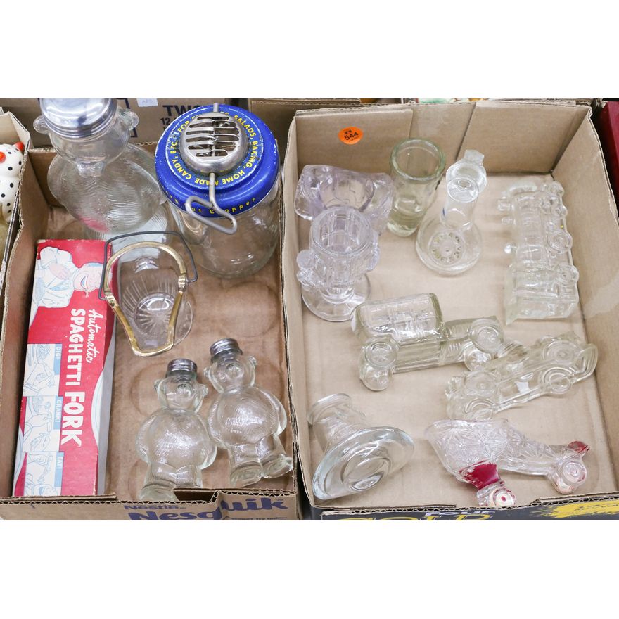 2 Boxes Glass Candy Containers Etc