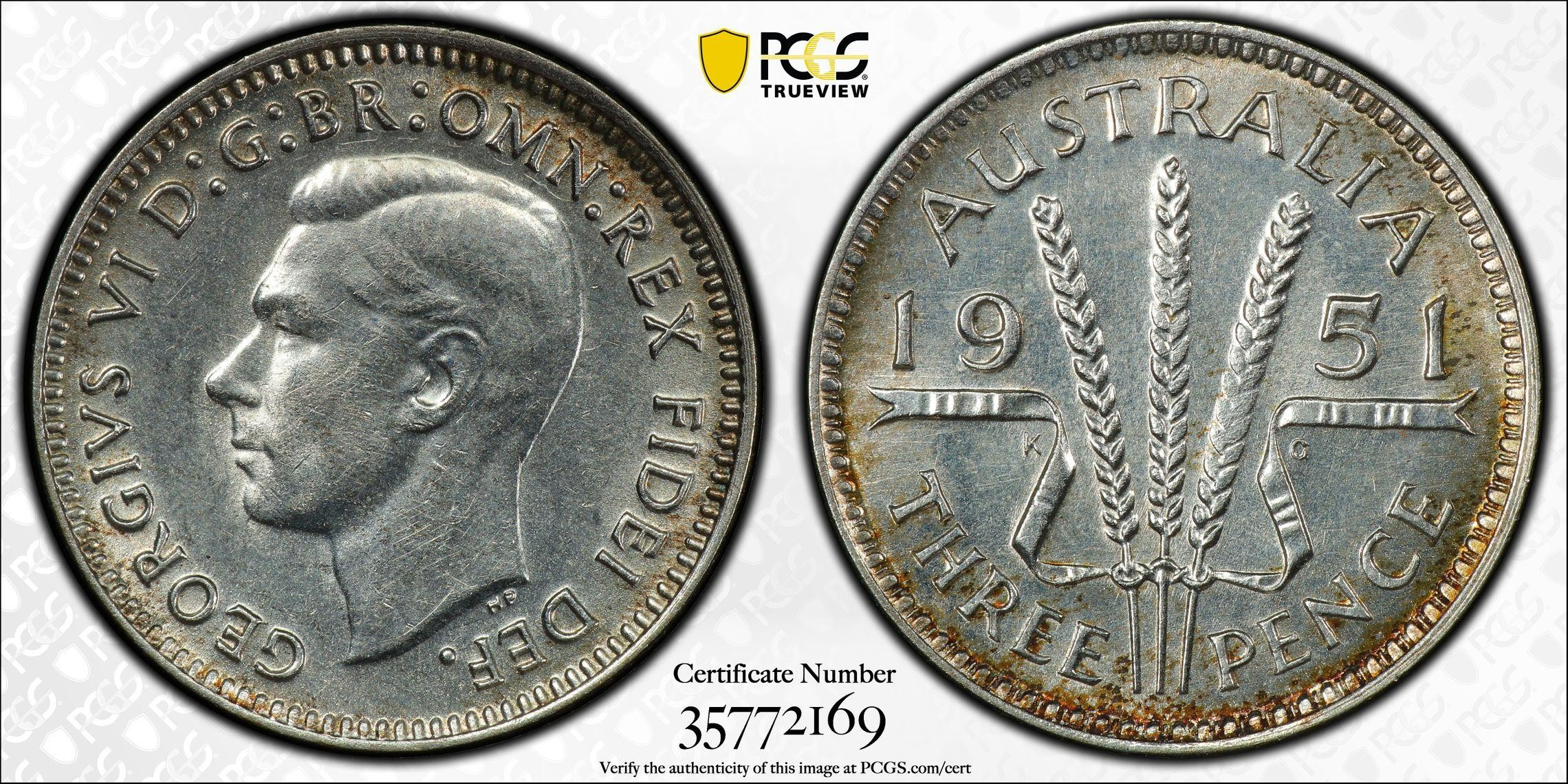 1951(m) Australia Threepence PCGS - MS63 -169