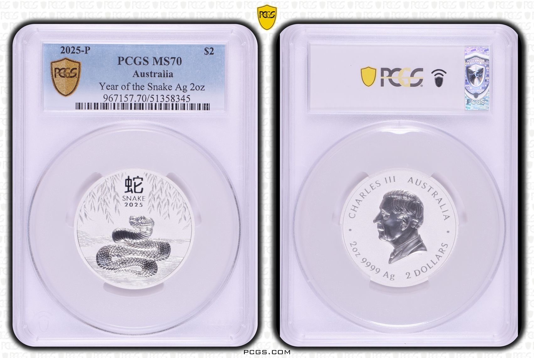 Year of the Snake 2oz Ag, Two Dollar, 2025-P, PCGS MS70