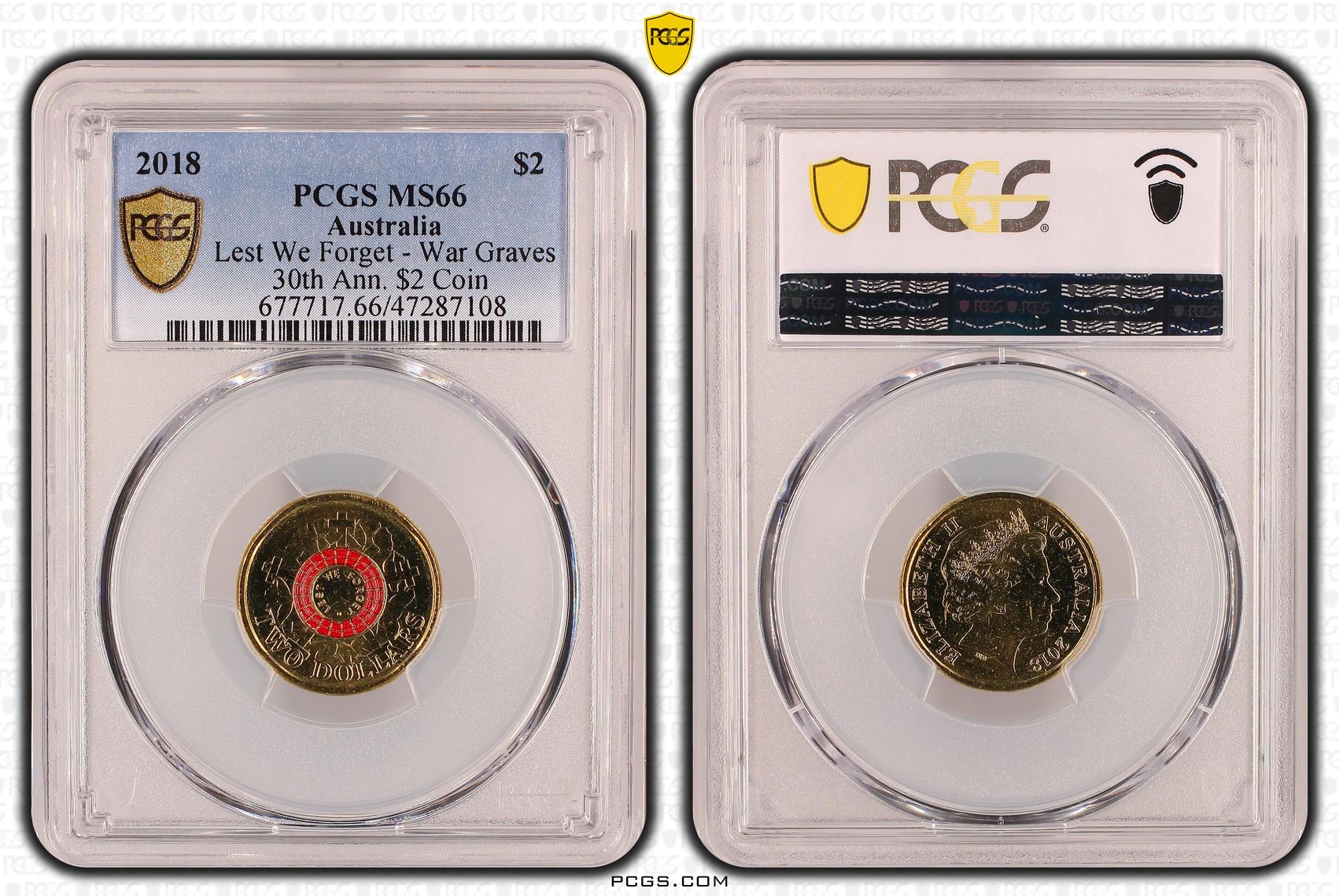 460 · Elizabeth II, Lest We Forget - War Graves 30th Ann. $2 Coin, Two Dollar, 2018, PCGS MS66