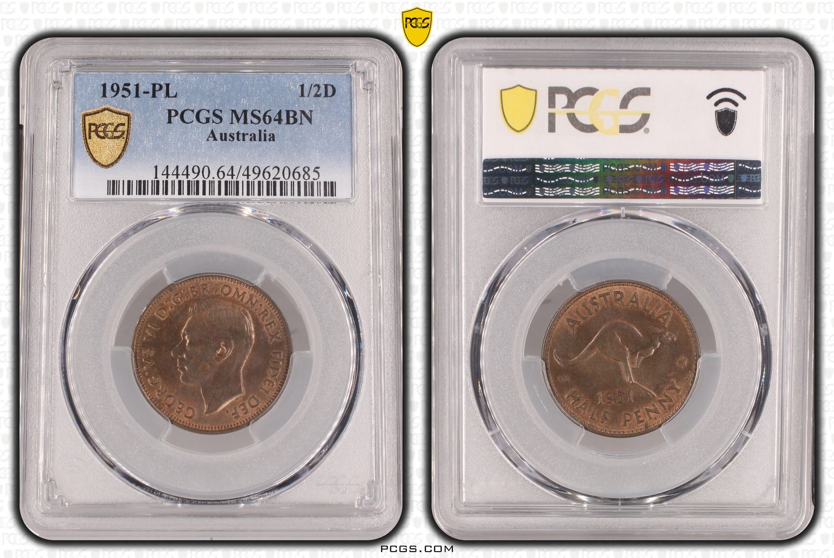 George VI, POP 11/0, Halfpenny, 1951-PL, PCGS MS64BN