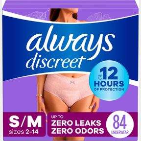 ALWAYS DISCREET INCONTINENCE & POSTPARTUM UNDERWEAR FOR WOMEN MAXIMUM PROTECTION SMALL/MEDIUM 84 TOTAL COUNT (2 PACKS OF 42 CO