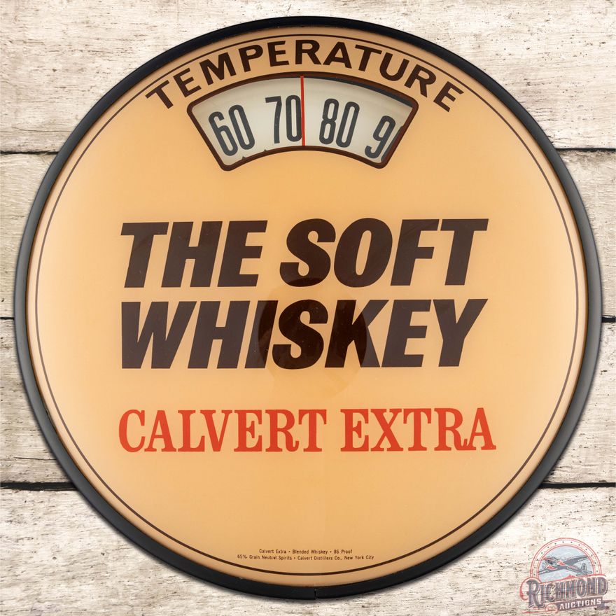 Calvert Extra "The Soft Whiskey" Glass Scale Thermometer Sign
