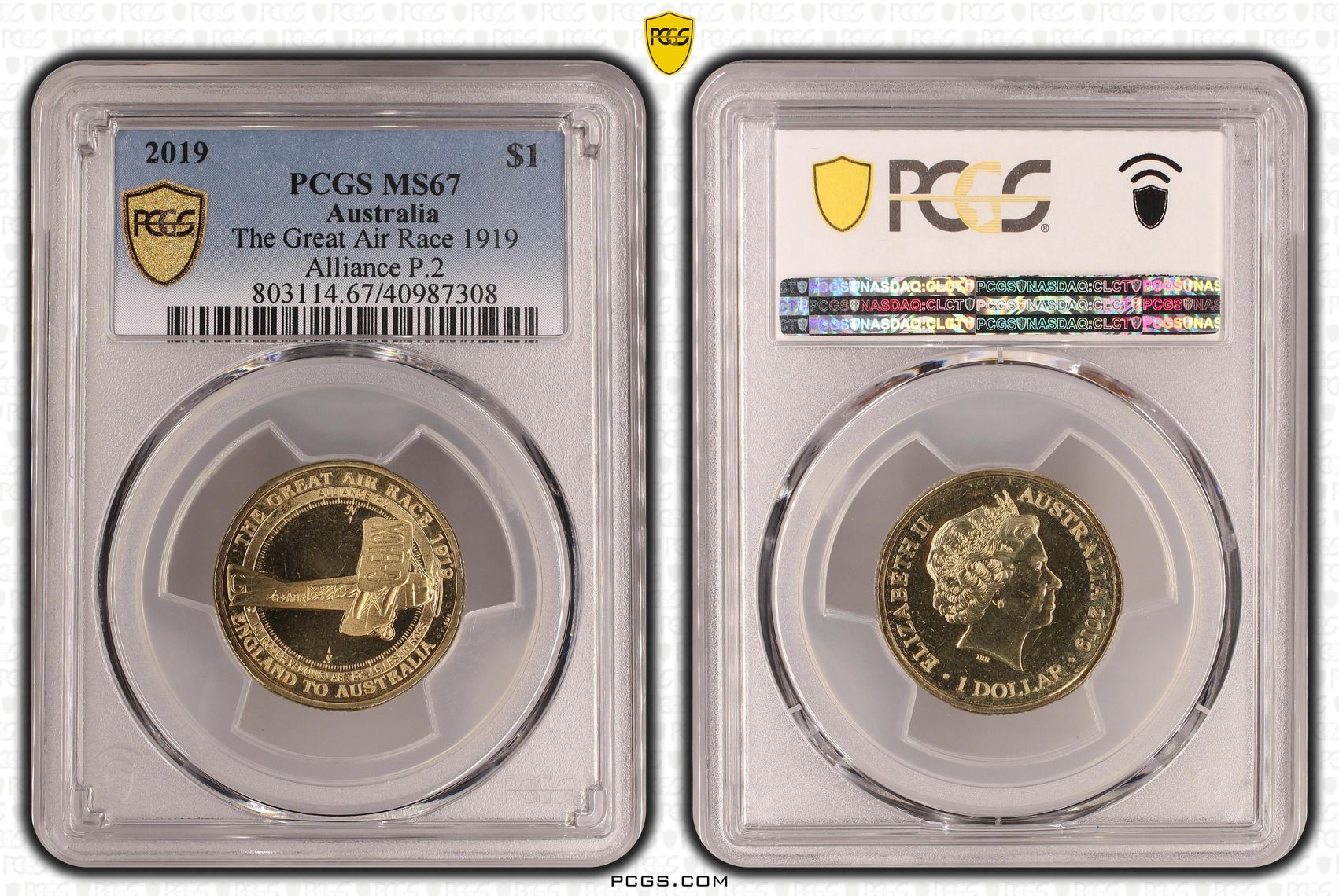 462 · The Great Air Race 1919 Alliance P.2, One Dollar, 2019, PCGS MS67