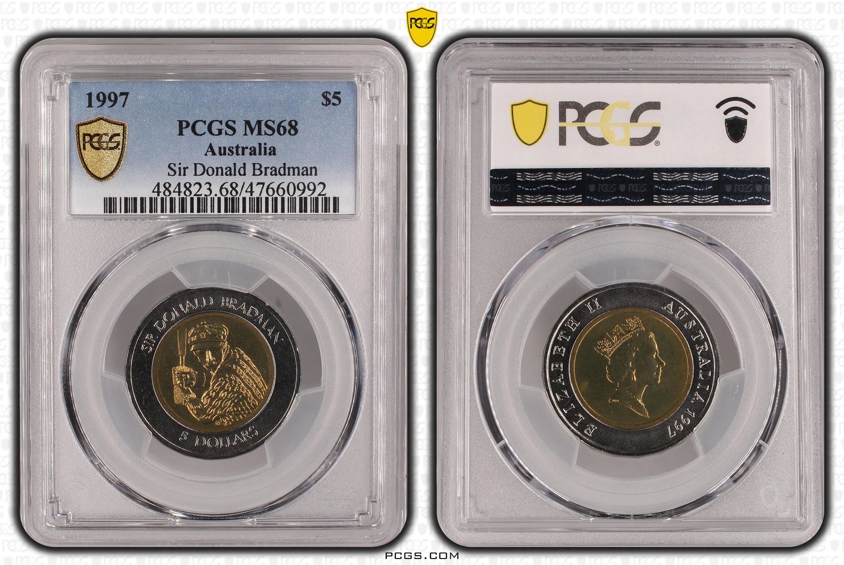 487 · Elizabeth II, Sir Donald Bradman, Five Dollar, 1997, PCGS MS67