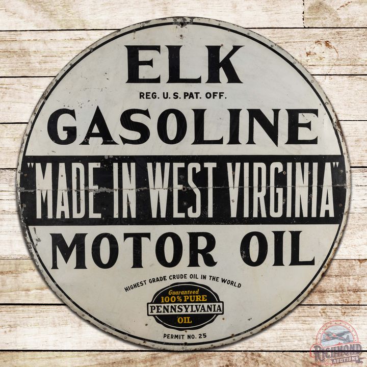 Elk Gasoline Motor Oil "Made in West Virginia" 48" Single Sided Tin Sign w/ Logo