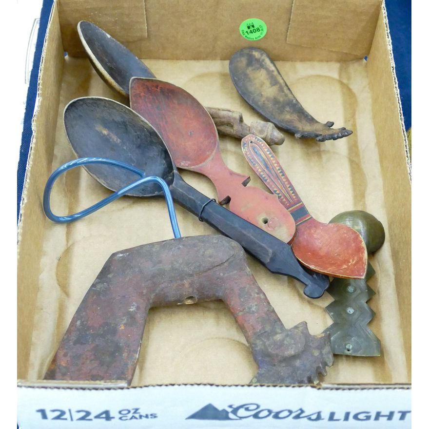 Box Old Ethnic Wood Carved Spoons etc.