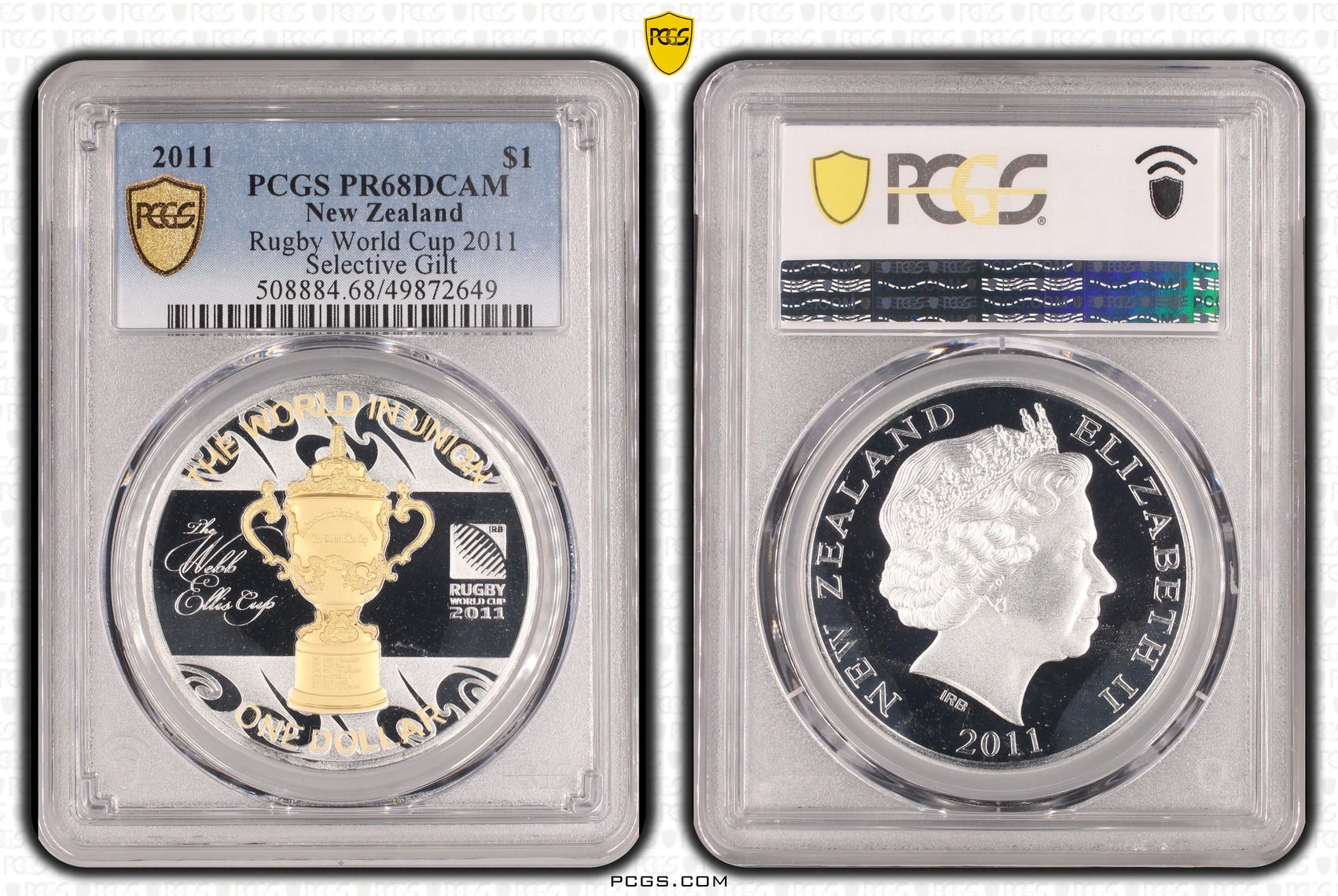 New Zealand , Rugby World Cup 2011 Selective Gilt Silver, One Dollar, 2011, PCGS PR68DCAM
