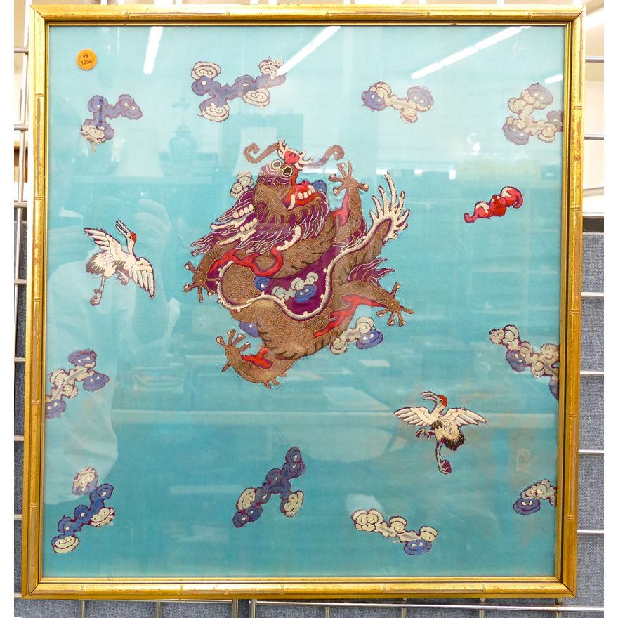 Old Chinese Imperial Dragon Gold Thread Embroidery Framed 22''x21''