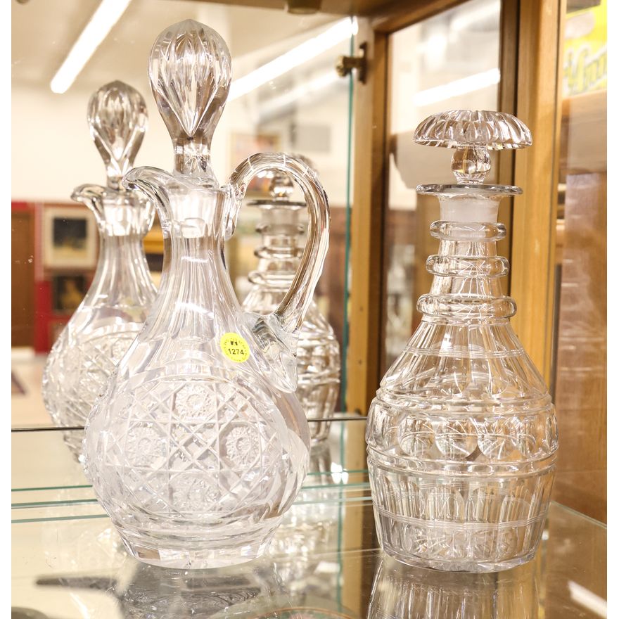 2pc Old Cut Glass Decanters 12'' Tallest