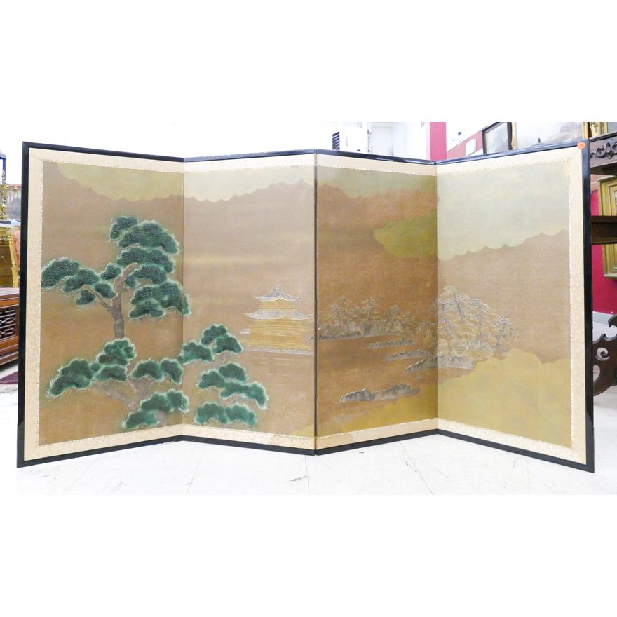 Vintage Japanese Golden Pagoda Kyoto in Landscape Painted 4 Panel Screen - 36x70''