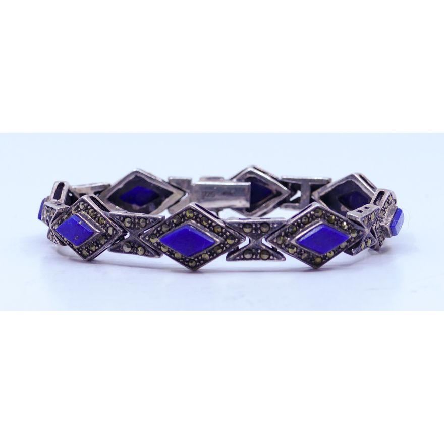 Sterling Lapis and Marcasite Bracelet 6''