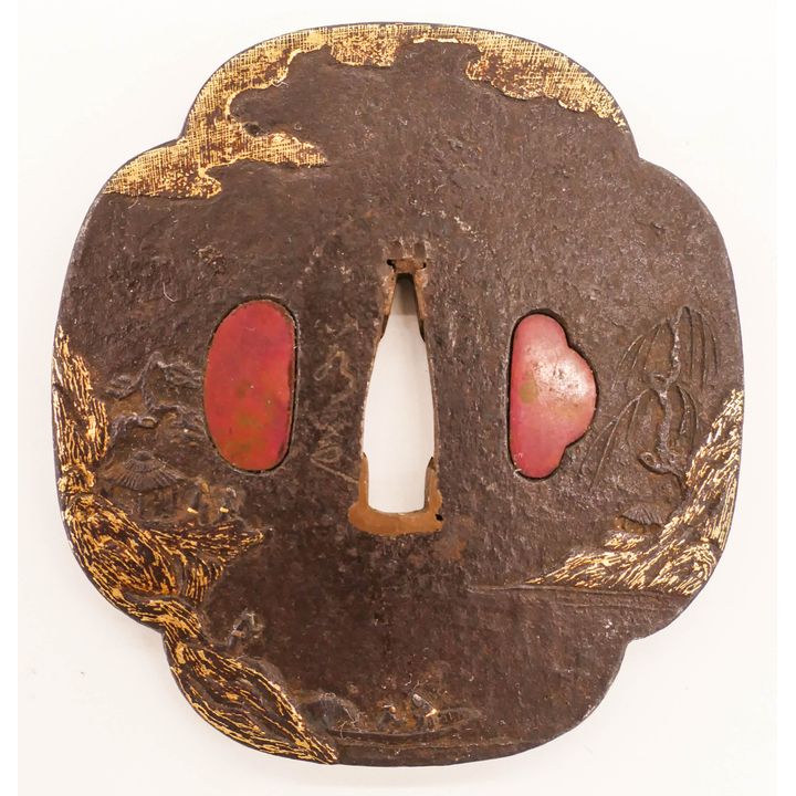 Jakushi School Japanese Edo Inlaid Steel Tsuba