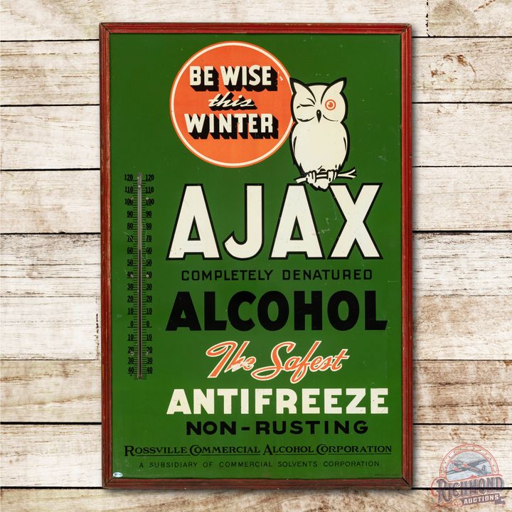 Rossville Ajax Denatured Alcohol Antifreeze Tin Thermometer Sign